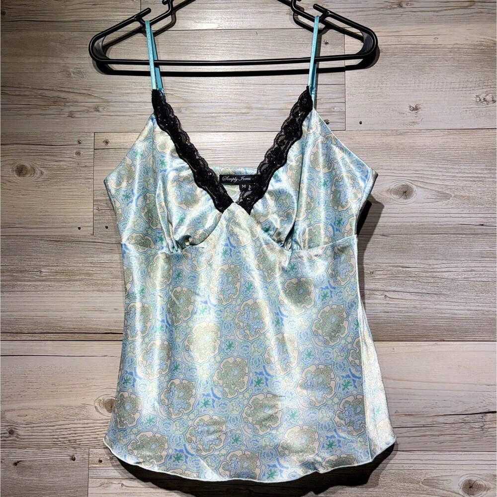 Satin Babydoll Top Cami Medium Lace Trim Beads Floral Fairy Y2K Romantic USA - Picture 2 of 10